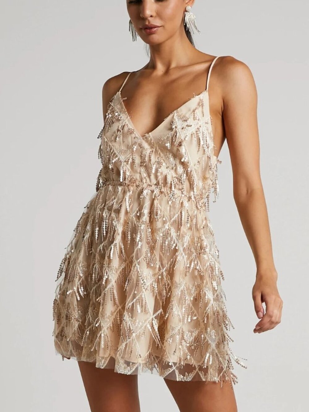 Showpo. Khrizza Mini Sequin Dress Sz 4 Gold Fringe Party Date Night Homecoming